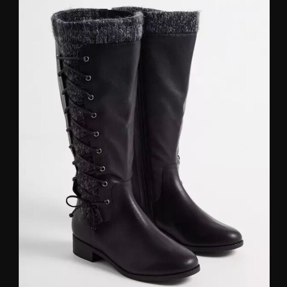 Torrid Knee-High Faux Leather Boots with Sweater Knit Cuffs - Picture 2 of 8